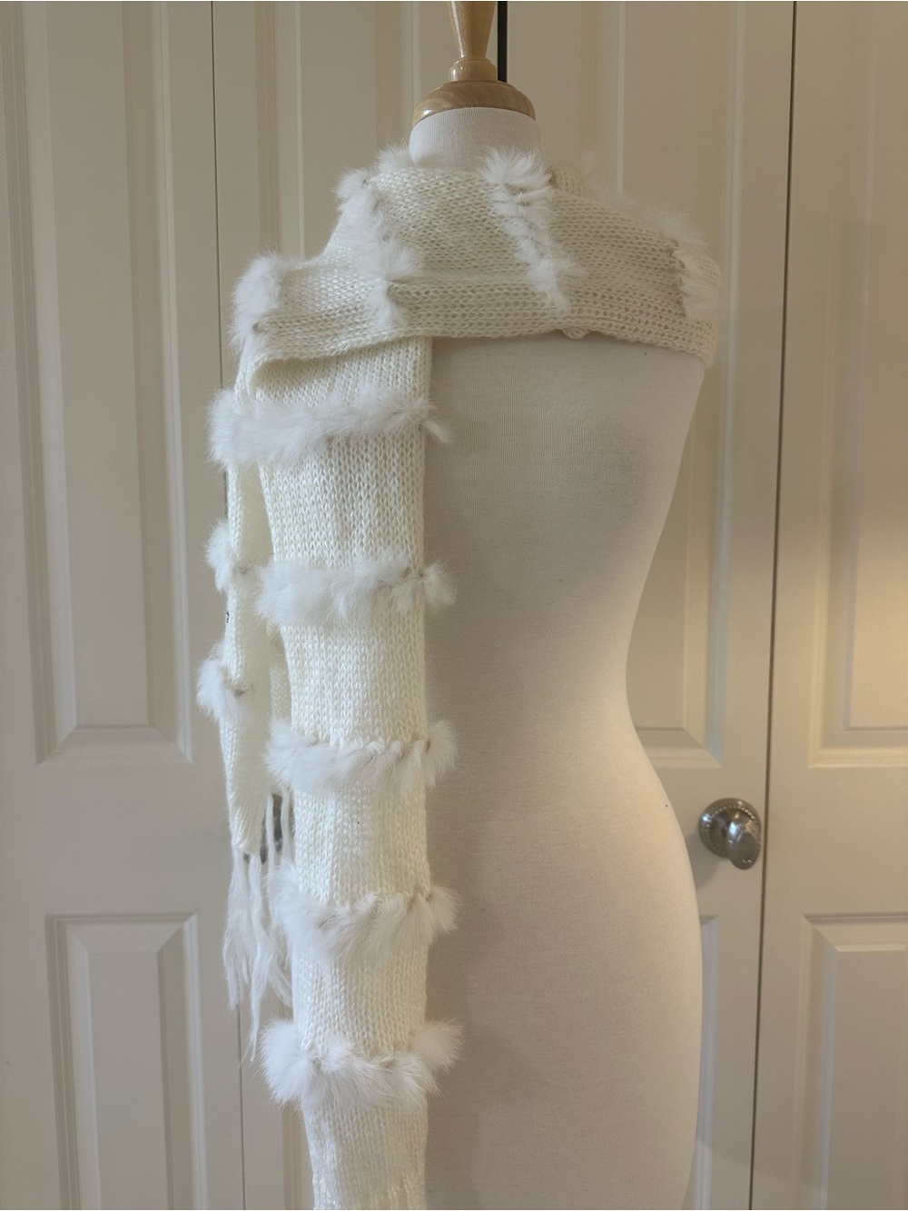 Luxury Cream Knit Scarf with Faux Fur Trim